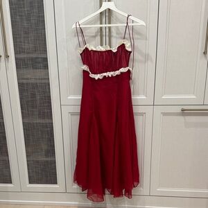 For Love And Lemons Red Midi Dress with Cream Lace Trim